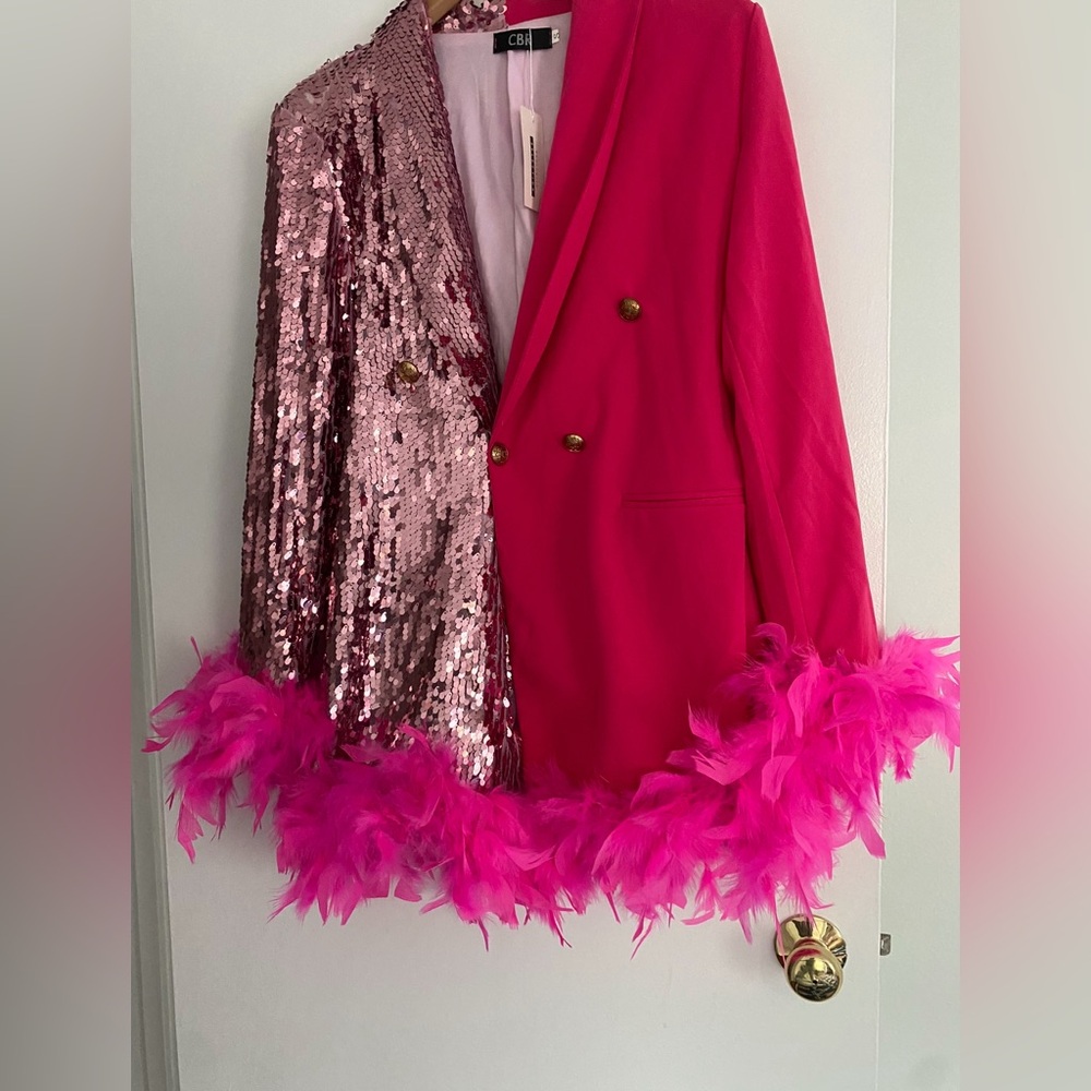 Blazer Vibrant Pink Sequin Blazer with Feather Trim - Picture 10 of 10